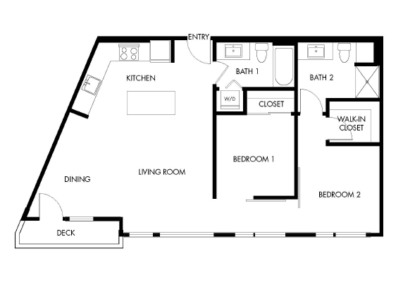 Floor plan for 2 beds, 2 baths, 1000 sqft